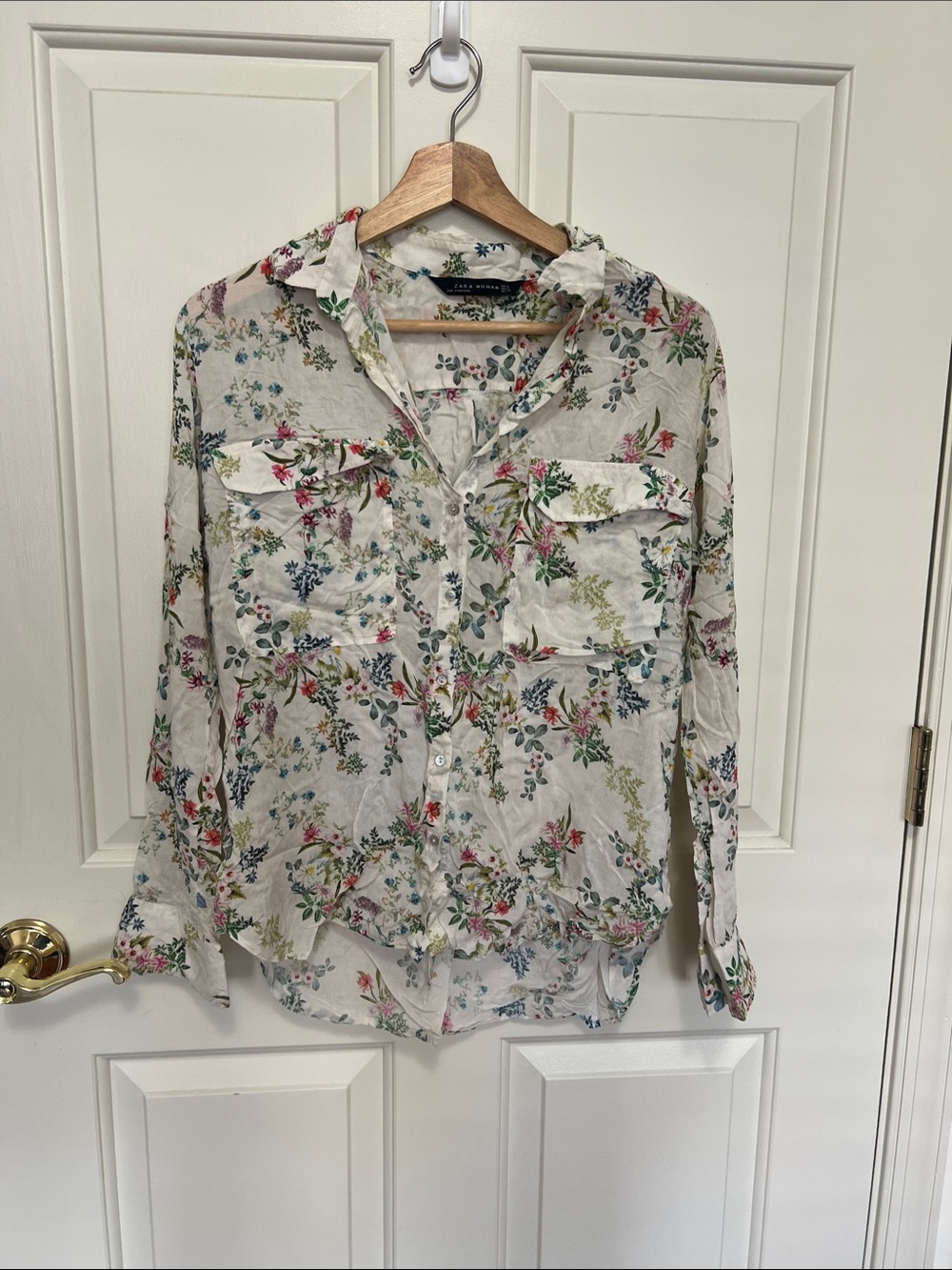 Zara Cream Floral Button-Down Shirt with Multicolor Print